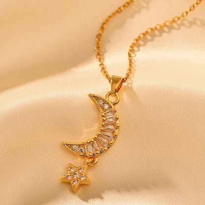 Titanium Steel IG Style Simple Style Shiny Star Moon Inlay Zircon Pendant Necklace