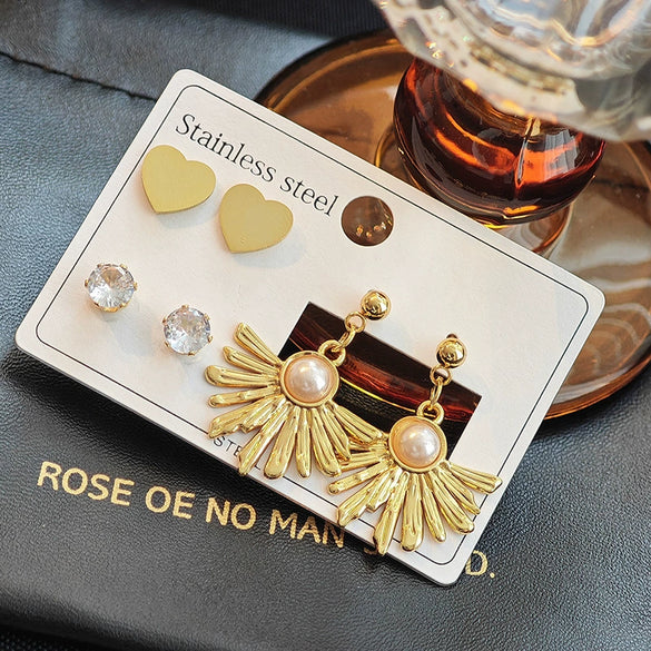 Titanium Steel Imitation Pearl Heart Shape Sunflower Electroplated Women's Earrings