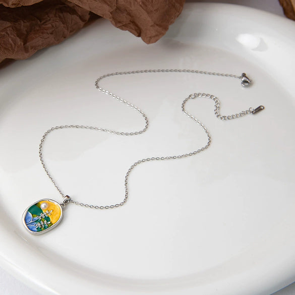 Titanium Steel Inlaid Pearl Oil Painting Necklace For Women With Electroplating Treatment