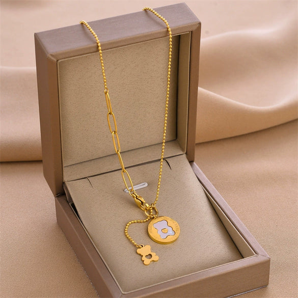 Titanium Steel Inlaid Shell Bear Pendant Necklace For Women Ins Style Fashion Color Retaining Jewelry