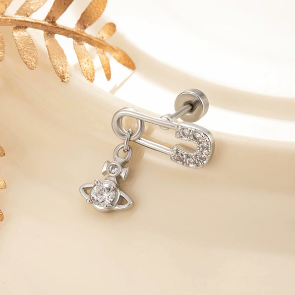 Titanium Steel Inlaid Zircon Saturn Pendant Women's Ear Bone Nail Earrings High Sense Style