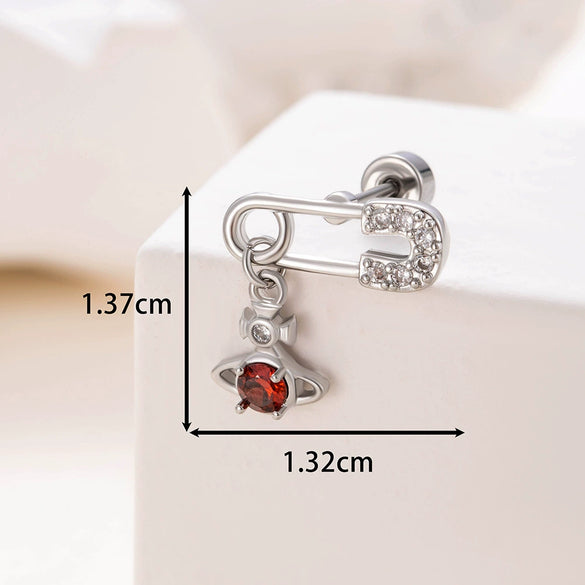 Titanium Steel Inlaid Zircon Saturn Pendant Women's Ear Bone Nail Earrings High Sense Style