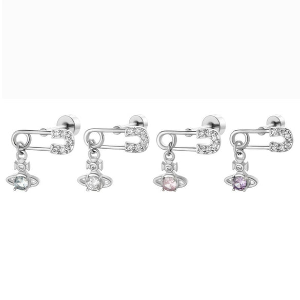 Titanium Steel Inlaid Zircon Saturn Pendant Women's Ear Bone Nail Earrings High Sense Style