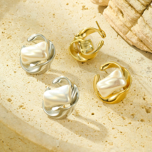 Titanium Steel Irregular Geometric Inlaid Pearl Electroplated Women's Light Luxury Earrings