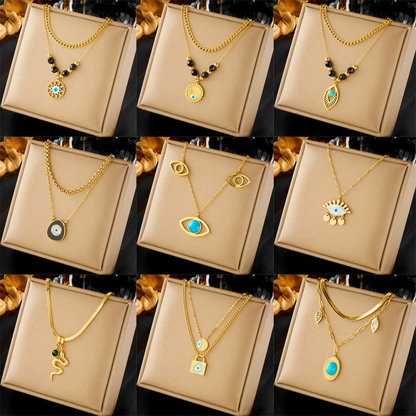 Titanium Steel Jewelry Clavicle Chain Double Layer Retro Beaded Blue Eye Pendant Necklace Electroplated Fashion Design
