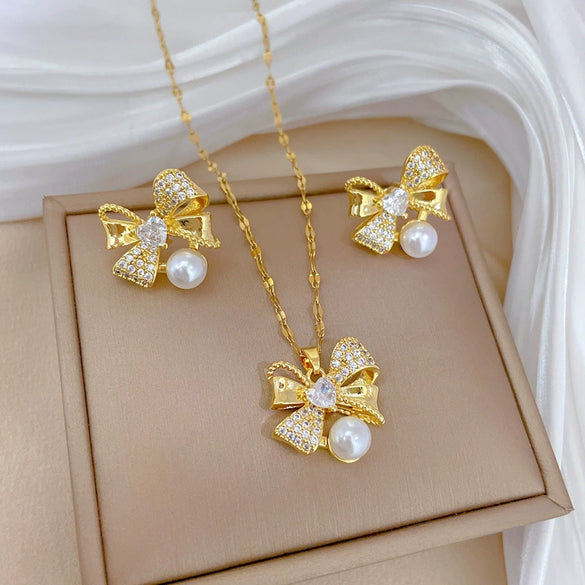 Titanium Steel Jewelry Set With Bow And Geometric Design Light Luxury Electroplated