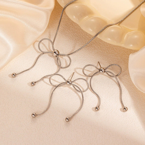 Titanium Steel Jewelry Set With Bowknot Tassel Round Bead Design And Electroplating For Women