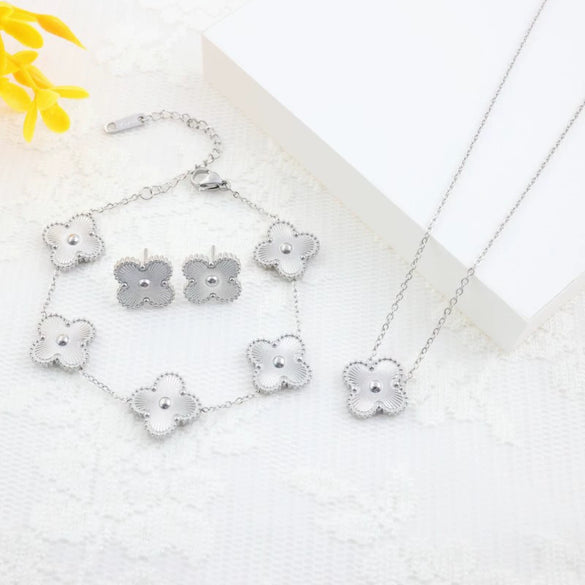 Titanium Steel Jewelry Set With Laser Clover And Plant Flowers Pattern Electroplating Treatment For Women