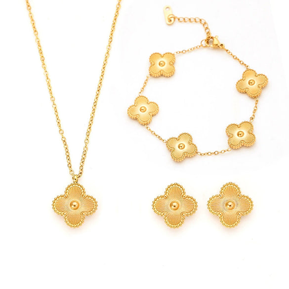 Titanium Steel Jewelry Set With Laser Clover And Plant Flowers Pattern Electroplating Treatment For Women