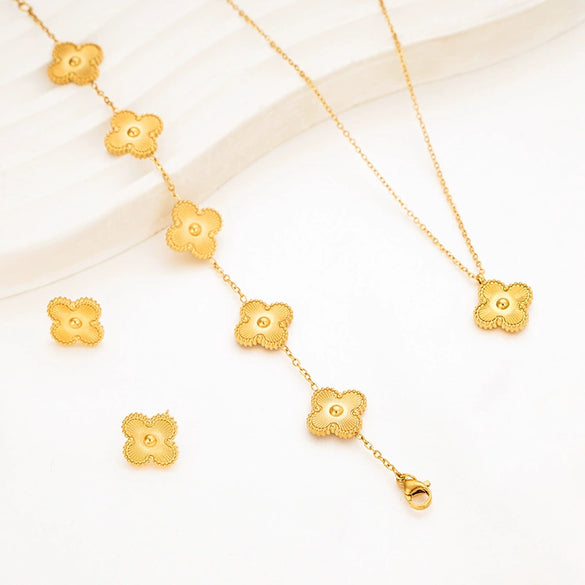 Titanium Steel Jewelry Set With Laser Clover And Plant Flowers Pattern Electroplating Treatment For Women