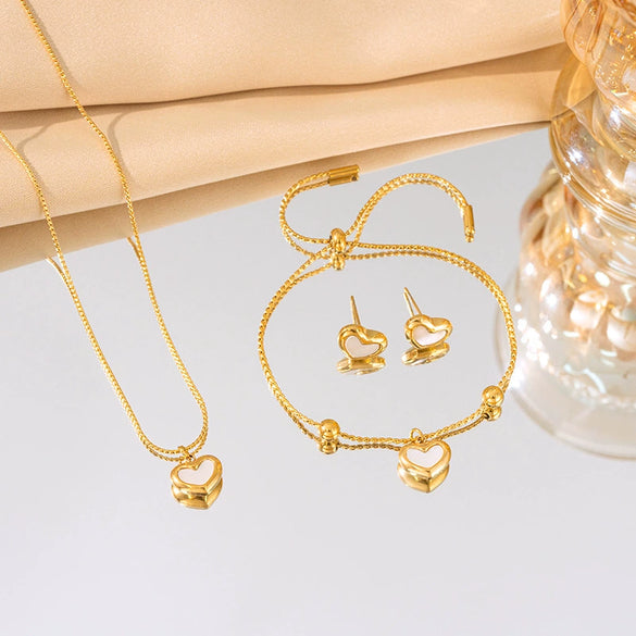 Titanium Steel Jewelry Set With Love Pattern And Heartshaped Earrings For Women Light Luxury Style Electroplated