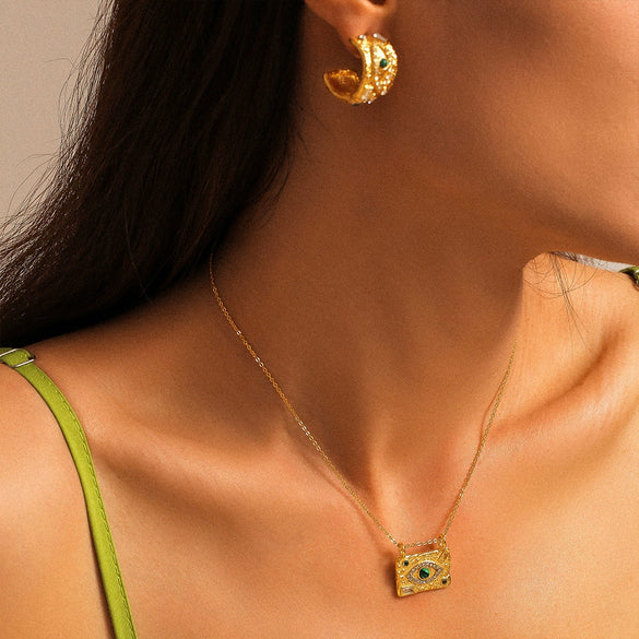 316L Stainless Steel Jewelry Set With Retro Texture And Devil's Eye Square Pendant For Women Electroplated Light Luxury Style