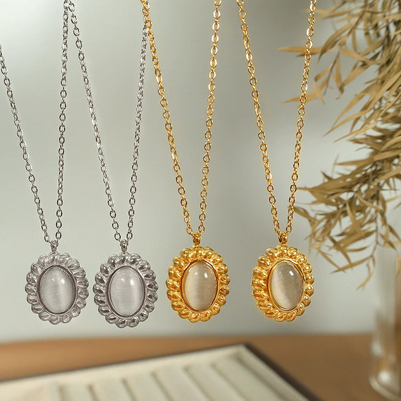 316L Stainless Steel Jewelry Set With Stars Sun And Moon Clouds Universe Pattern Inlaid Opal For Women French Retro Style Cat Eye Twist Earrings Necklace