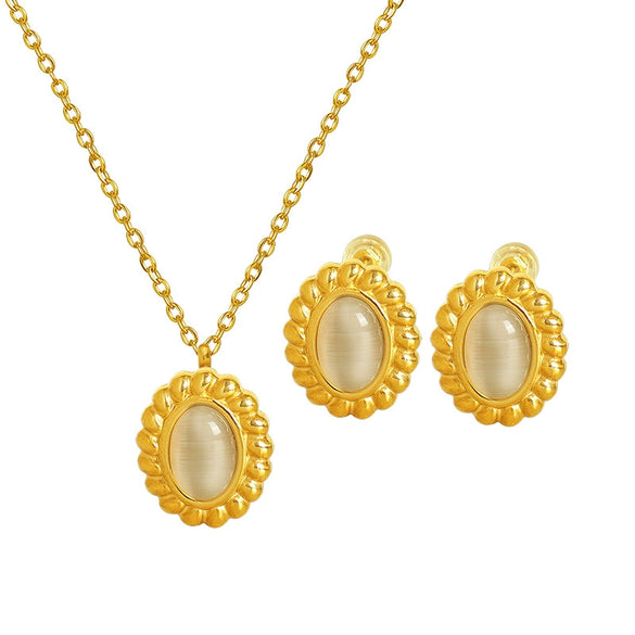 316L Stainless Steel Jewelry Set With Stars Sun And Moon Clouds Universe Pattern Inlaid Opal For Women French Retro Style Cat Eye Twist Earrings Necklace