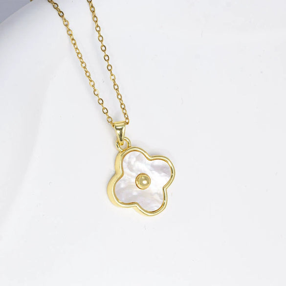 Titanium Steel Jewelry With Shell And Four Leaf Clover Pendant And Flower Pattern Electroplated Mixed Gemstone Setting O Word Chain