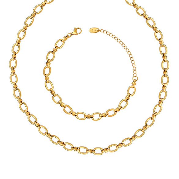 316L Stainless Steel 18K Gold Plated Hiphop Fashion Interlocking Chain Necklace And Bracelet Set