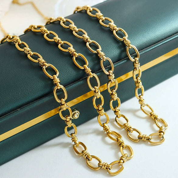 316L Stainless Steel 18K Gold Plated Hiphop Fashion Interlocking Chain Necklace And Bracelet Set