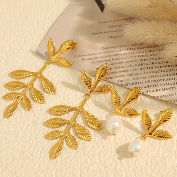 316L Stainless Steel Leaf Geometric Earrings For Women Electroplated Retro Cold Style