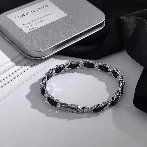Titanium Steel Leather Ushape Cuban Chain Polished Unisex Bracelet
