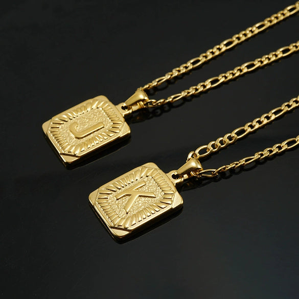 316L Stainless Steel Letter Pendant Necklace For Men Figaro Chain