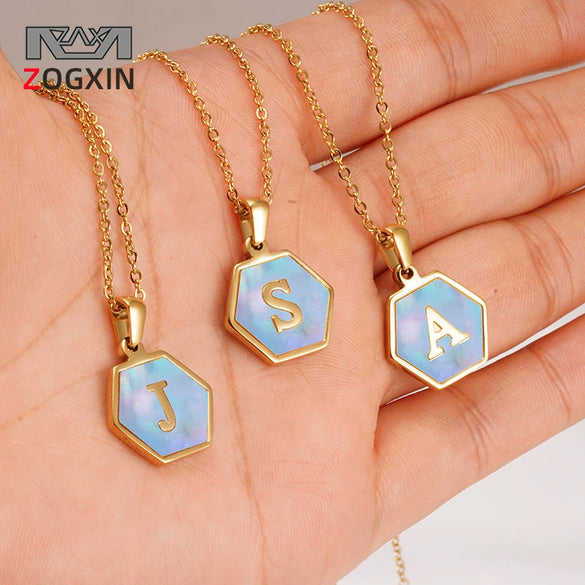 316L Stainless Steel Letter Polygon Pendant Necklace For Women With Electroplating Treatment