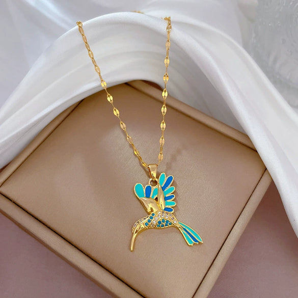 Titanium Steel Light Luxury Colorful Woodpecker Zircon Geometric Design Necklace