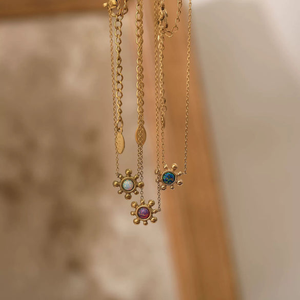 Titanium Steel Light Luxury Flower Pattern Electroplated Opal Earrings And Necklace