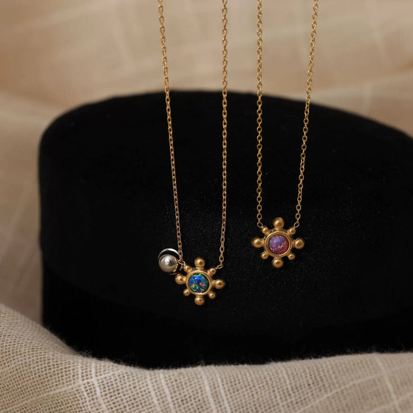 Titanium Steel Light Luxury Flower Pattern Electroplated Opal Earrings And Necklace