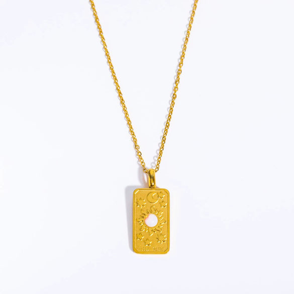 Titanium Steel Literature And Art Style Geometric Star Sun Moon Threedimensional Relief Gold Inlaid Opal Pendant Necklace With Snake Bone Chain