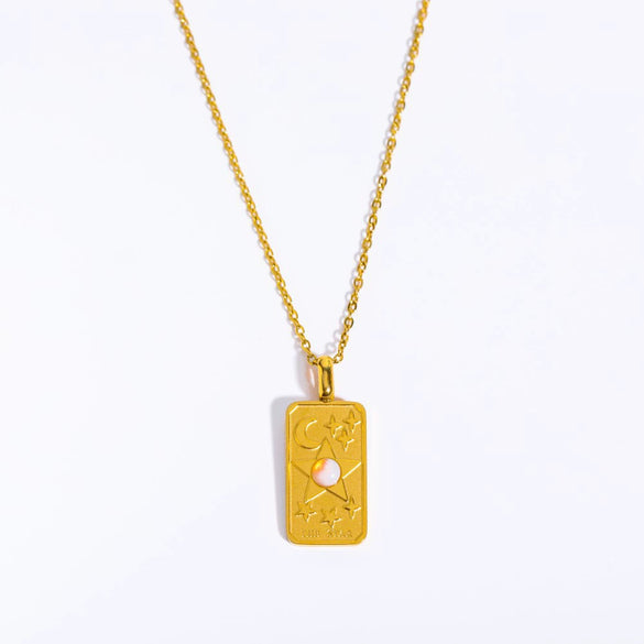 Titanium Steel Literature And Art Style Geometric Star Sun Moon Threedimensional Relief Gold Inlaid Opal Pendant Necklace With Snake Bone Chain