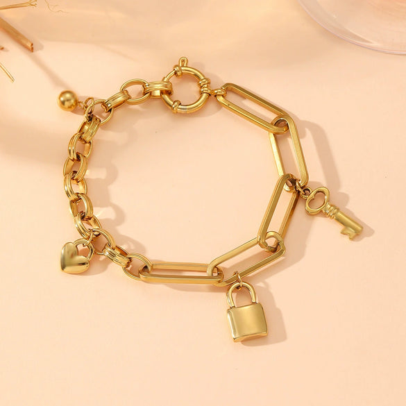 Titanium Steel Love Buckle Steel Ball Peach Heart With Lock Cartoon Style Electroplated Women's Bracelet
