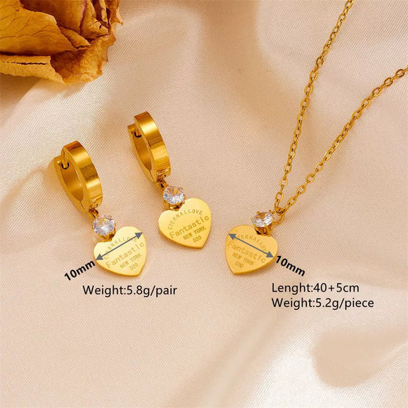 Titanium Steel Love Flat Necklace And Earrings Set With Geometric Water Drops Bell Pattern Electroplated Box Chain Style For Women And Unisex