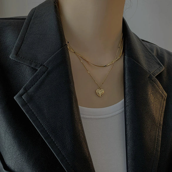 Titanium Steel Love Heart Doublelayer Women's Necklace With Snake Bone Chain And Stereo Peach Heart Pendant Light Luxury Style