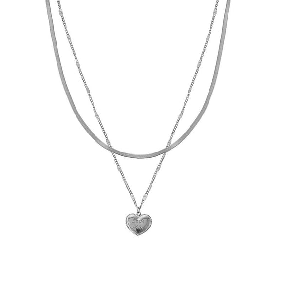 Titanium Steel Love Heart Doublelayer Women's Necklace With Snake Bone Chain And Stereo Peach Heart Pendant Light Luxury Style