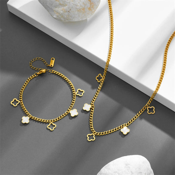 Titanium Steel Love Star Butterfly Four Leaf Clover Necklace Bracelet Earrings Suit With Water Drops And Bell Patterns