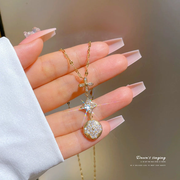 Titanium Steel Luxury Flower Planet Microinlaid Necklace With Geometric Cartoon Design For Women