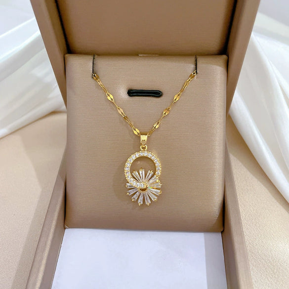 Titanium Steel Microinlaid Flower Jewelry Set With Geometric Design And Electroplating Process For Women
