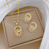 Titanium Steel Microinlaid Flower Jewelry Set With Geometric Design And Electroplating Process For Women