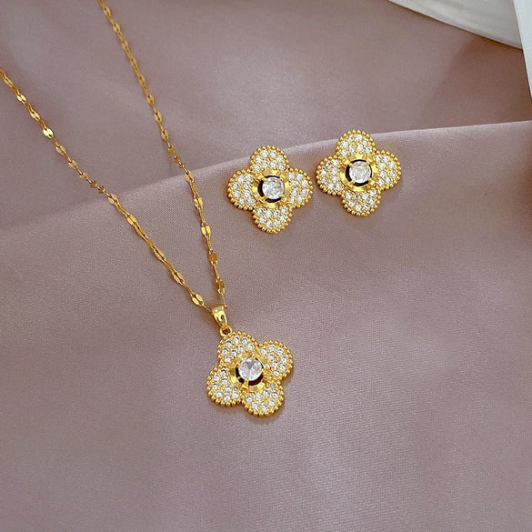 Titanium Steel Microinlaid Jewelry Set With Geometric Pattern And Electroplating For Women