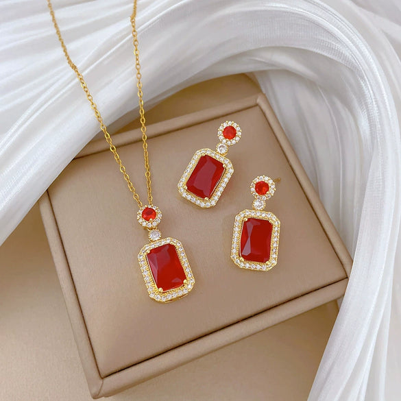 Titanium Steel Microinlaid Jewelry Set With Geometric Pattern And Electroplating Treatment For Women