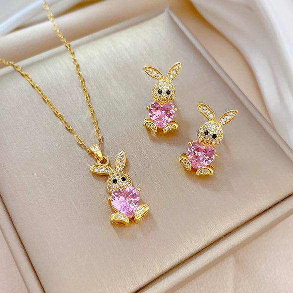 Titanium Steel Microinlaid Rabbit Geometric Style Electroplated Women's Necklace Earrings Set