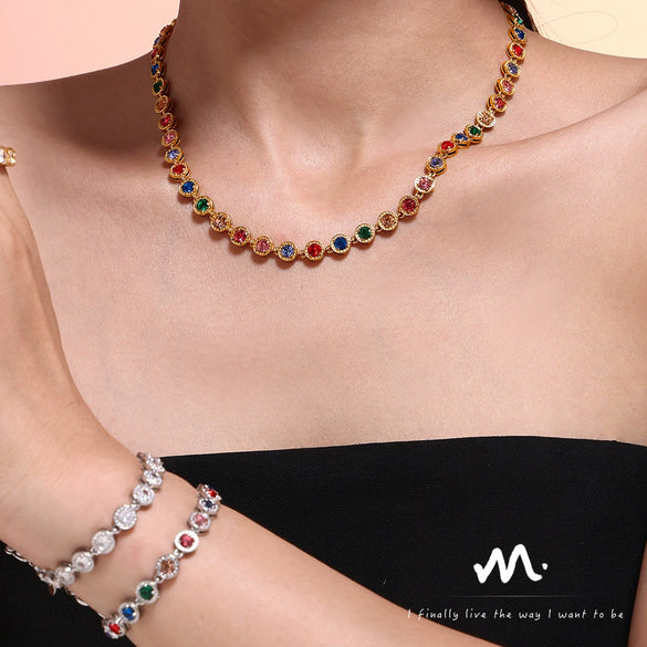 316L Stainless Steel Mixed Color 3A Zircon Bracelet And Necklace Jewelry Set With Pvd Vacuum Plating