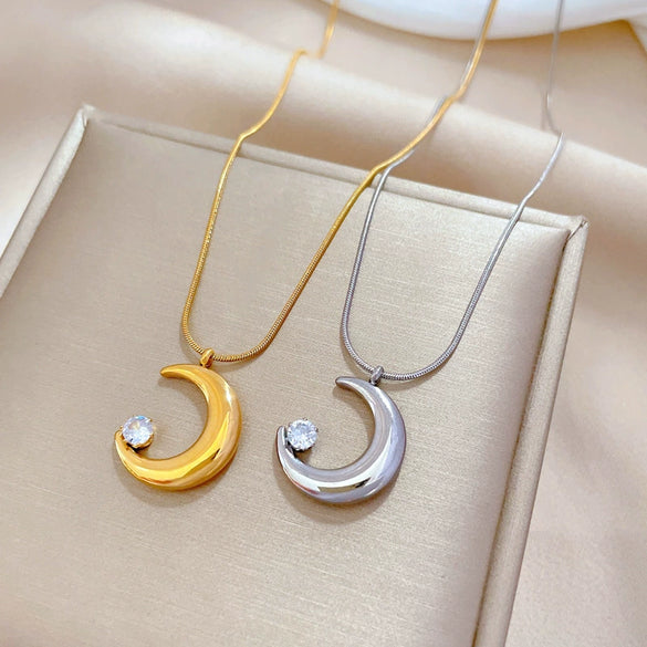 Titanium Steel Moon Zircon Geometric Cartoon Style Electroplated Unisex Necklace
