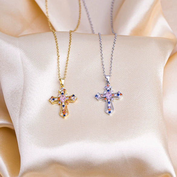 Titanium Steel Multicolored Gemstones Cross Pendant O Word Chain Unisex Light Luxury Highend Clavicle Chain Jewelry With Electroplating