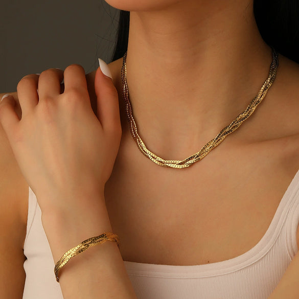 Titanium Steel Multistrand Cross Snake Chain Fashion Jewelry Bracelet Anklet Necklace Set With Diamonds