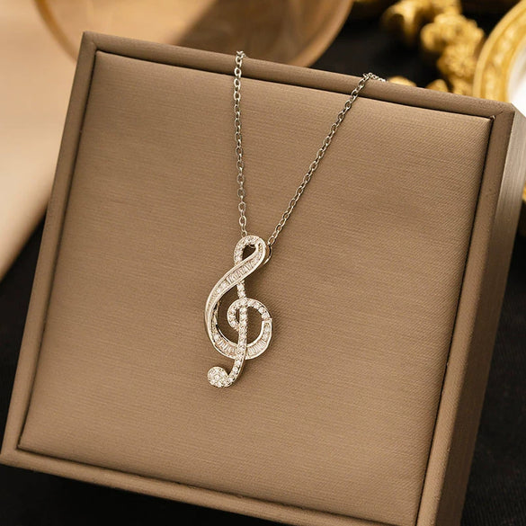 Titanium Steel Music Note Pendant Necklace With Full Diamond Gemstone Electroplated Unisex O Word Chain Jewelry