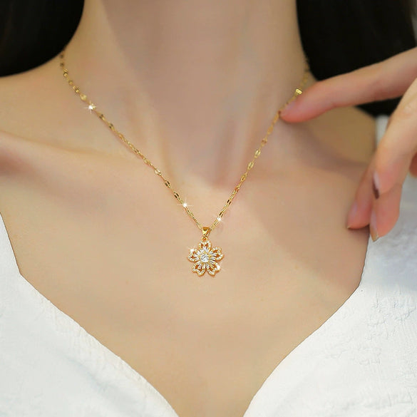 Titanium Steel Natural Plant Flowers Geometric Diamond Zircon Necklace For Women And Unisex