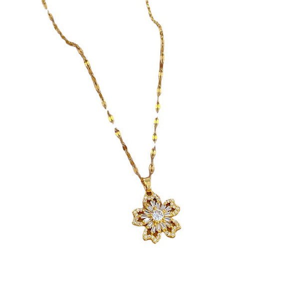 Titanium Steel Natural Plant Flowers Geometric Diamond Zircon Necklace For Women And Unisex