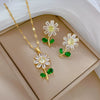 Titanium Steel Natural Style Geometric Green Leaf Flower Earrings Necklace Set With Electroplating For Women
