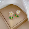 Titanium Steel Natural Style Geometric Green Leaf Flower Earrings Necklace Set With Electroplating For Women